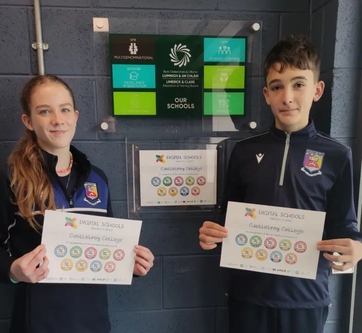 Students from Castletroy College celebrating their European 'Digital School' status which they were awarded in 20232