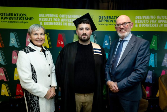 Bernadette Cullen and Paul Patton congratulate Plumbing Apprentice and WorldSkills competitor Paul Buston on his graduation, highlighting the impact of continued investment in Further Education and Training.