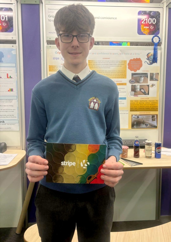 Daniel Doherty, Desmond College, earned 2nd place in the Junior Health & Wellbeing category for Grip Geenie,.