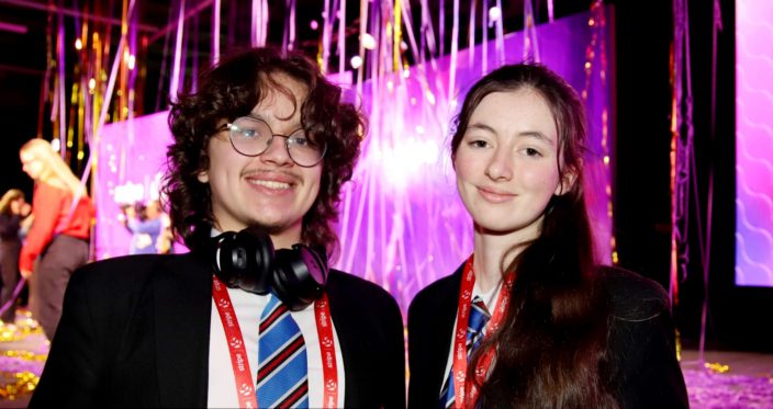 Miles Bueno and Sarah Hurley, Coláiste Chiaráin, Croom who received the AerCap Sustainable Skies Award and 2nd place in the Senior Technology Group for PowerPredict.